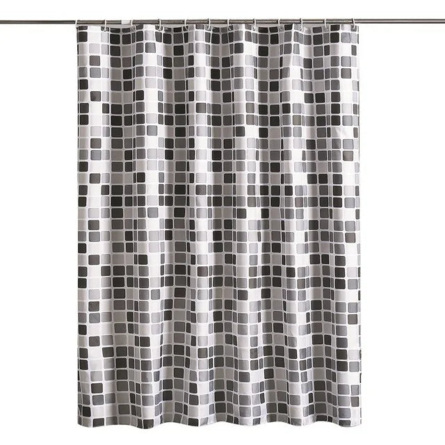 rideau douche moderne carreaux géométriques gris noir beige polyester opaque 12 crochets