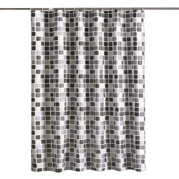 rideau douche moderne carreaux géométriques gris noir beige polyester opaque 12 crochets