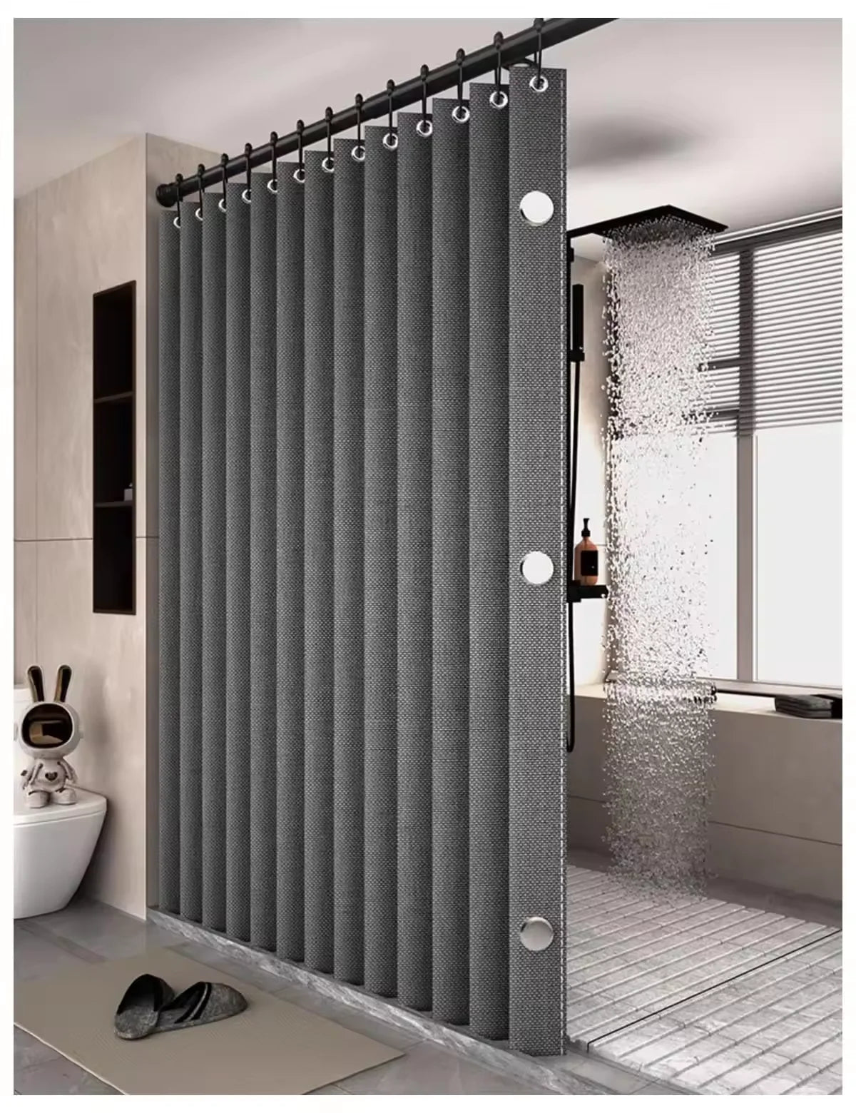 rideau douche pliable gris texture lin moderne magnétique hook strap imperméable