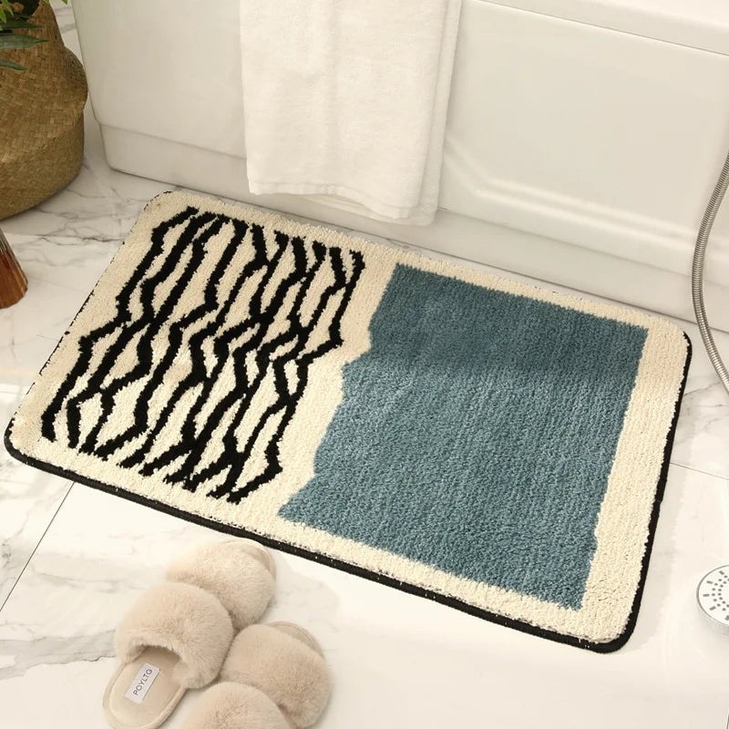 tapis bain moderne bleu clair noir rayures beige géométrique absorption eau salle bain polyester
