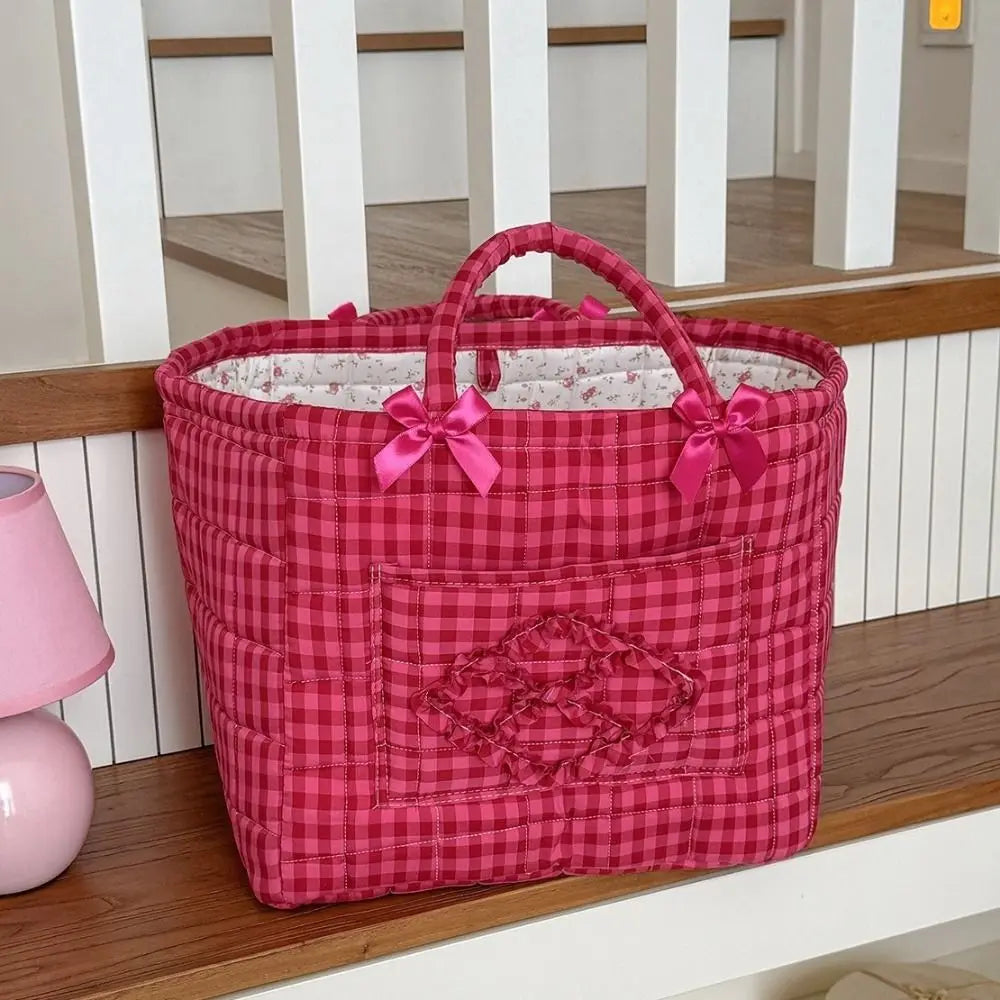 panier tissu carreaux rouge blanc vintage poignées détachables rangement multiple chambre enfant