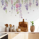 stickers muraux art floral fleurs suspendues feuilles violettes roses vertes blancs adhésifs chambre décoration