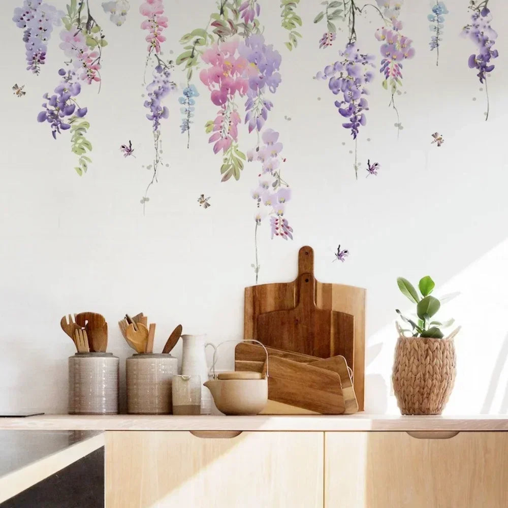 stickers muraux art floral fleurs suspendues feuilles violettes roses vertes blancs adhésifs chambre décoration