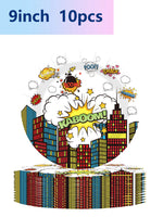 assiettes jetables multicolores illustration ville pop art kaboom pow wow anniversaire événement festif