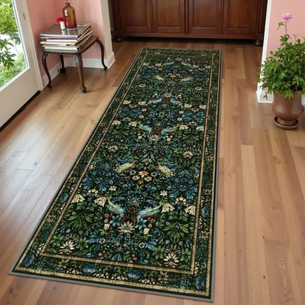 tapis runner floral vert foncé motifs végétaux décoratif moderne antidérapant polypropylène polyester