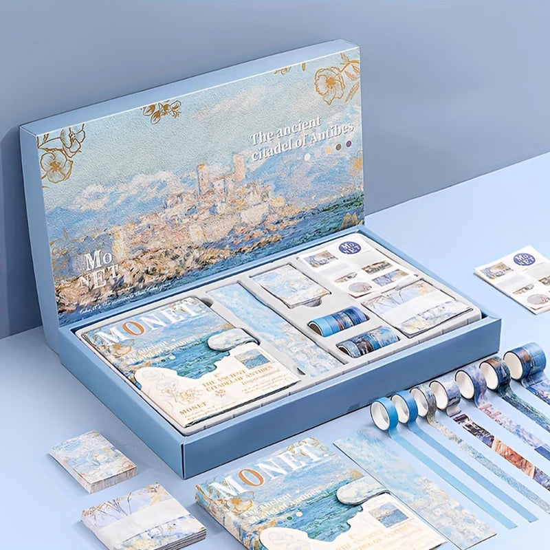 coffret cadeau papeterie artistique vintage bleu or motifs impressionnistes notebook stickers wasabi tape rouleaux