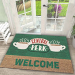 tapis d'entrée vert beige motif central perk tasses bienvenue moderne antidérapant résistantextérieurintérieur