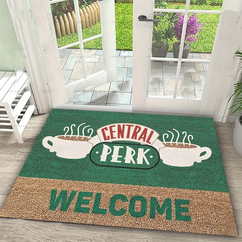 tapis d'entrée vert beige motif central perk tasses bienvenue moderne antidérapant résistantextérieurintérieur