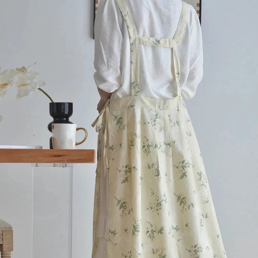 tablier coton fleurs vintage beige poche romantique opacité fixations élastiques cuisineversible