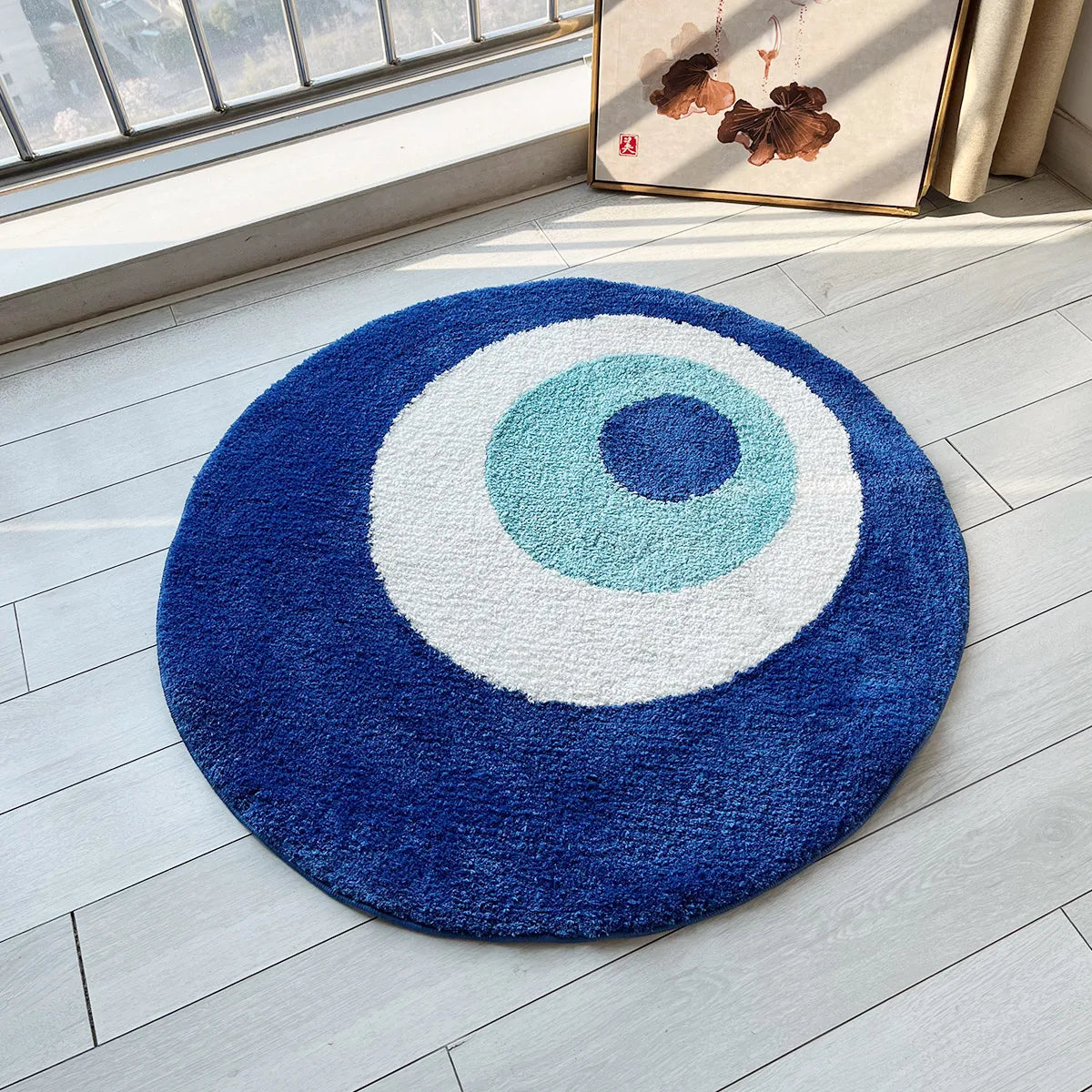 tapis rond œil bleu polyester moderne bleu foncé blanc poilue chambre décoration intérieure