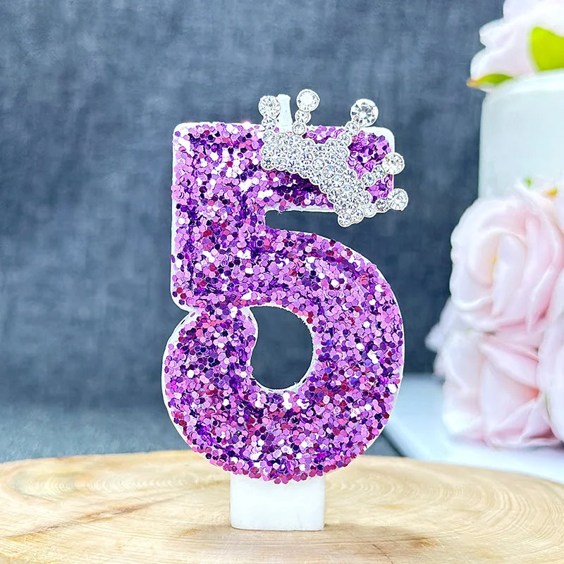 bougies anniversaire chiffre violet paillettes décoratives brillantes tringle fixations transparentes