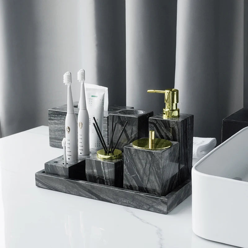 ensemble accessoires salle bain marbre noir rangement brosse dents dentifrice moderne luxe
