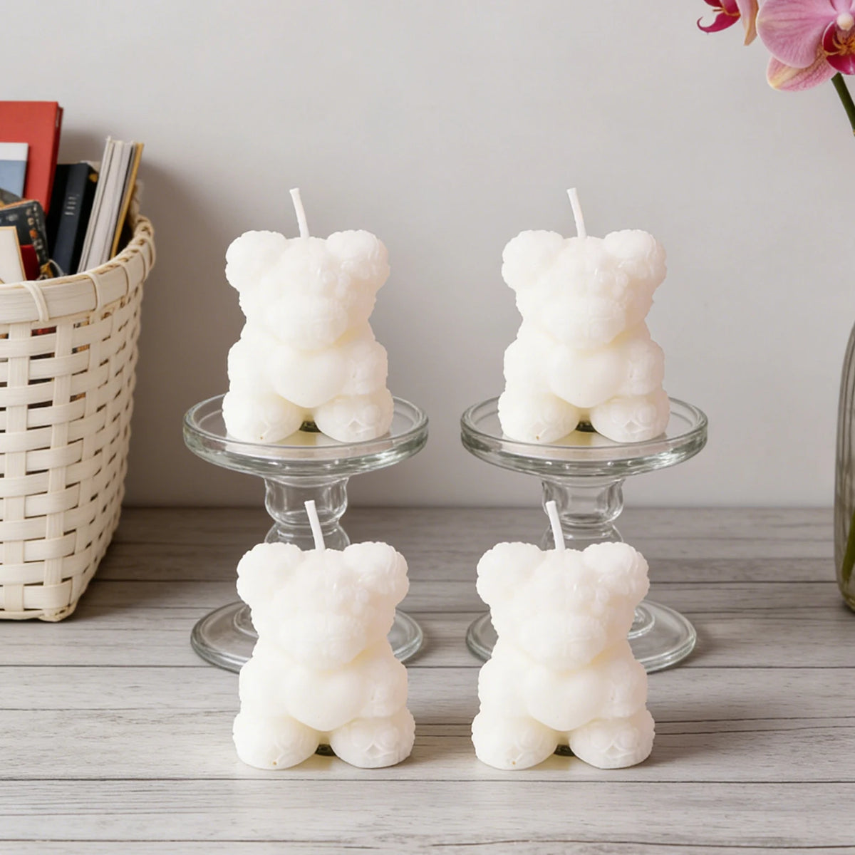 bougies parfumées forme nounours parfum rose couleur violet rouge blanc aromathérapie