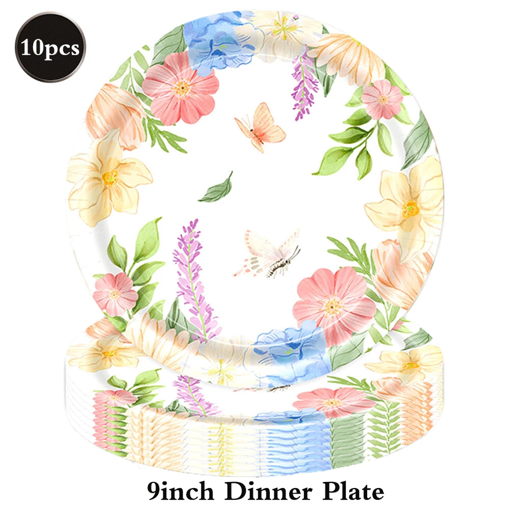 décoration fête anniversaire enfants guirlande happy birthday assiettes serviettes gâteau tasses bonbons floral papillons