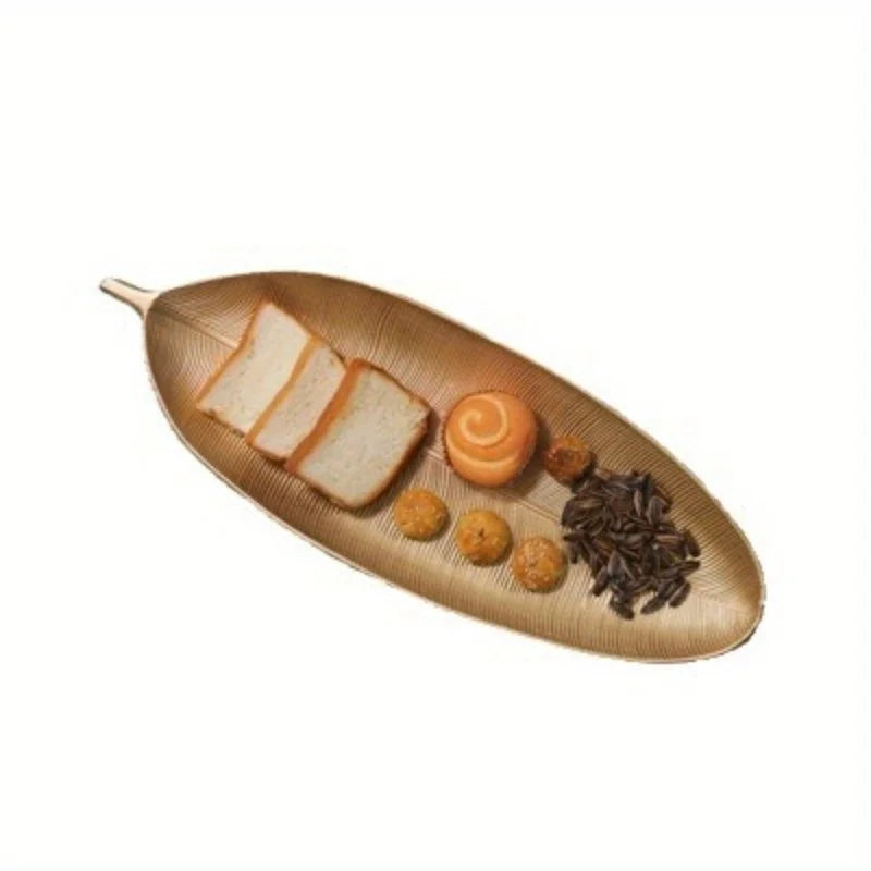 assiette moderne forme feuille dorée imprimée nervures contemporaine servir décoration alimentaire