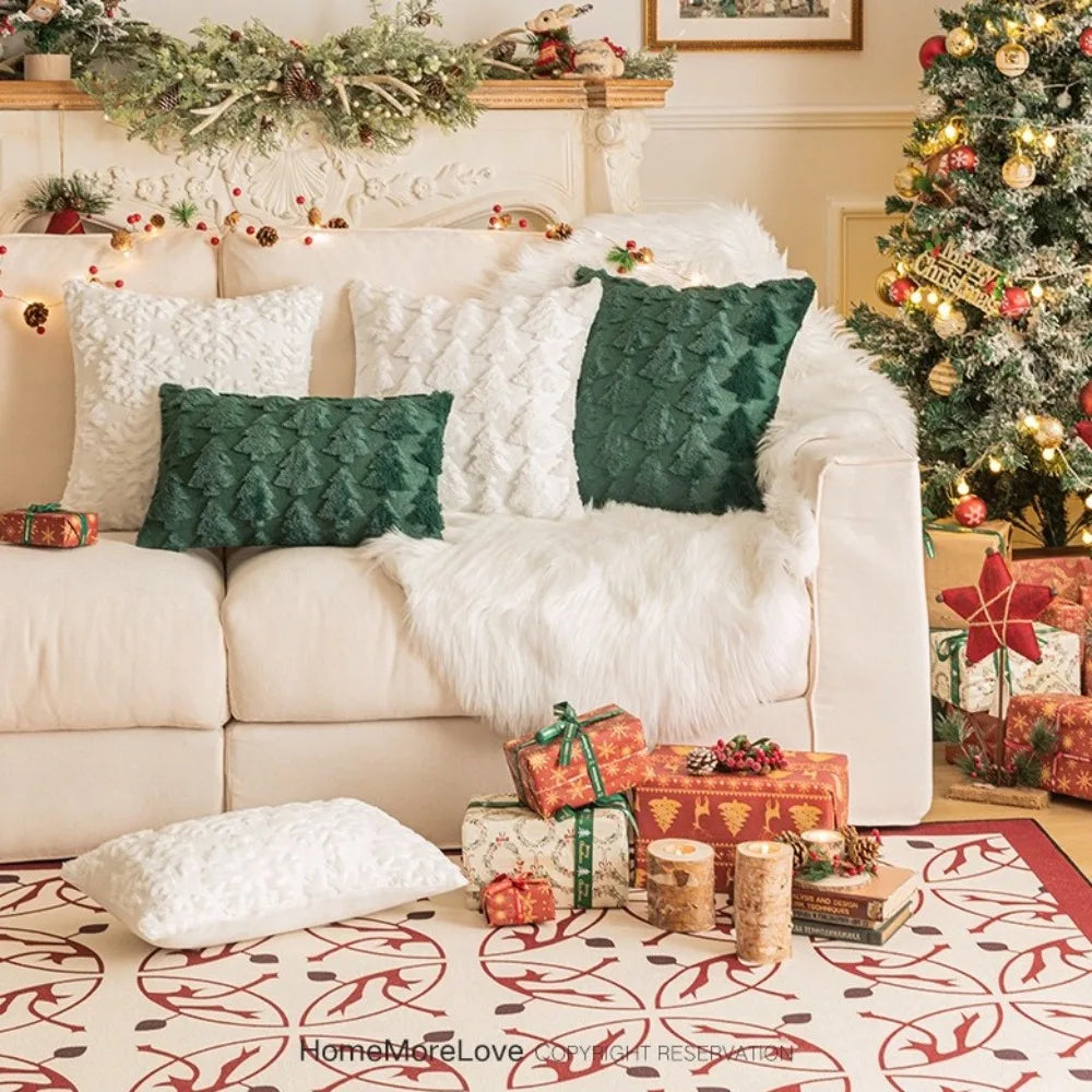 housse coussin noël arbre renne festive polyester beige vert rougeOpaque 45cm 50cm