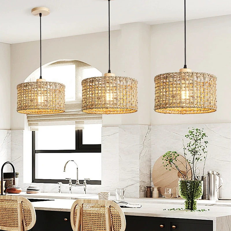 lampe suspendue tissage artisanal rustique boho chic naturelle salon restaurant