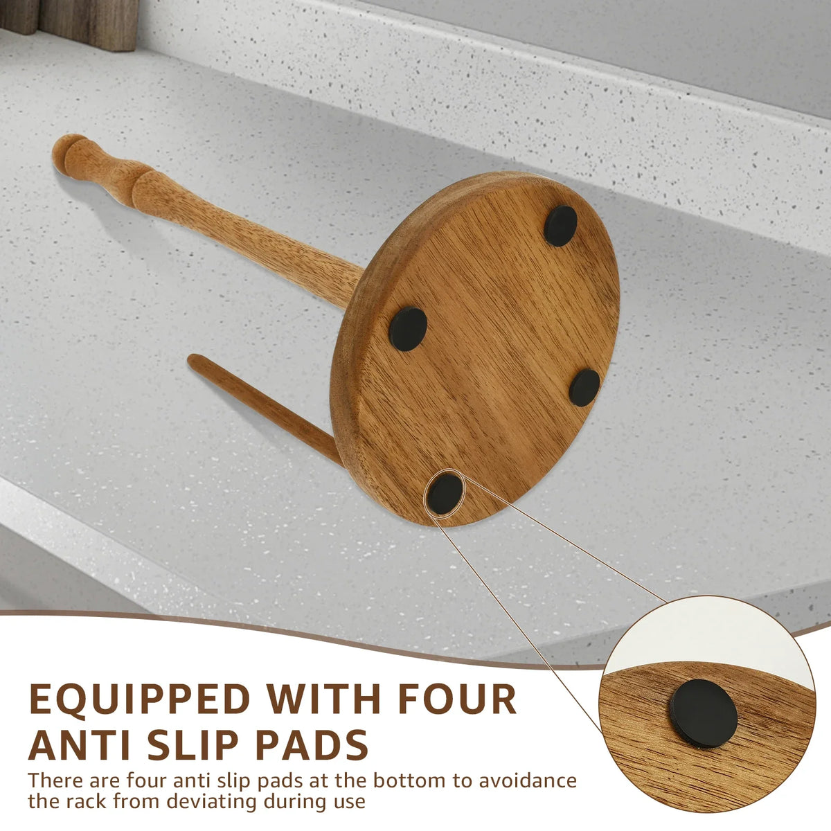 porte rouleau papier cuisine marron clair rustique deux tiges bois base circulaire anti dérapants