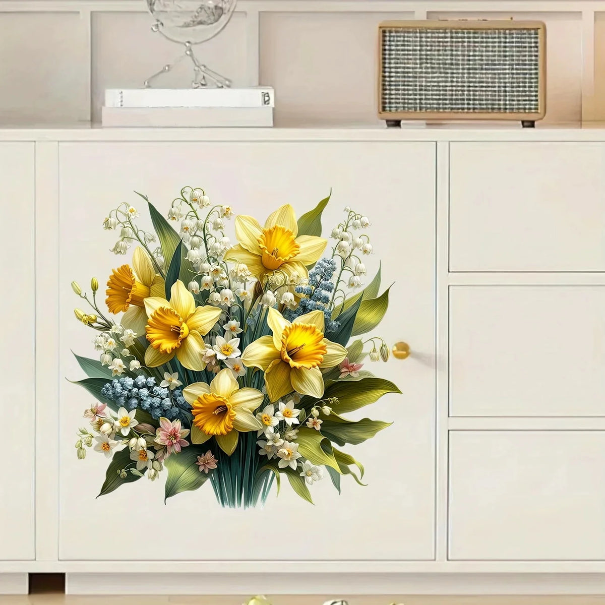 sticker mural adhésif bouquet fleurs jaunes roses classique salle bains moderne pvc floral