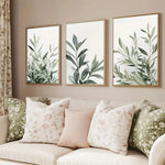 toiles d'art minimaliste feuilles vertes naturelles cadres bois vert blanc beige