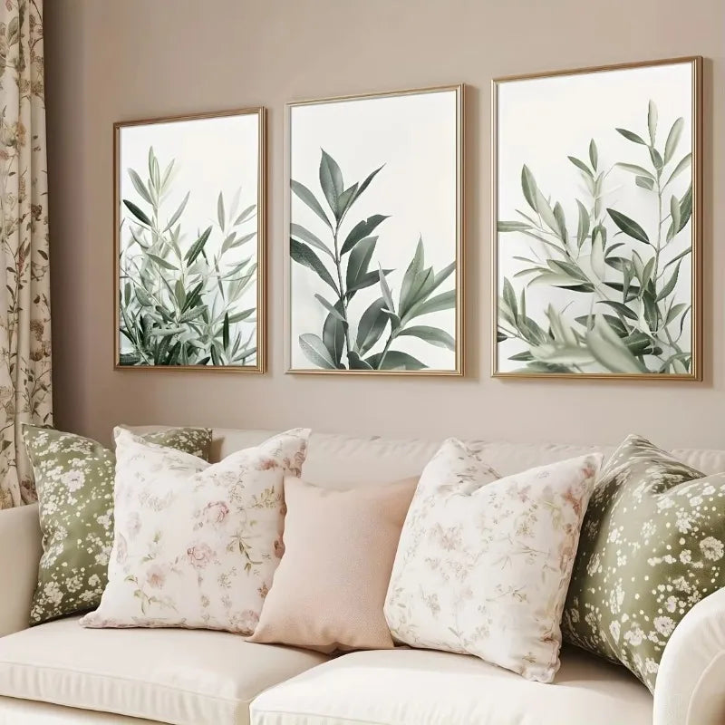 toiles d'art minimaliste feuilles vertes naturelles cadres bois vert blanc beige