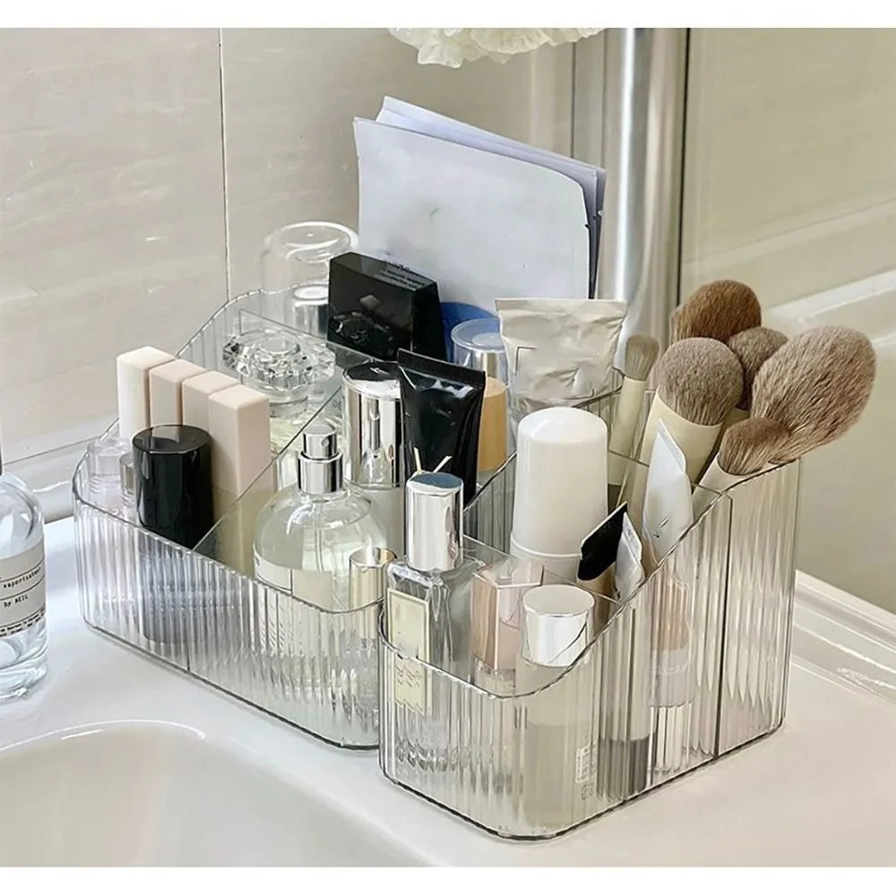 organisateur maquillage transparent moderne rayures verticales brosse crayon palette fards flacons pochette réutilisable polyvalent