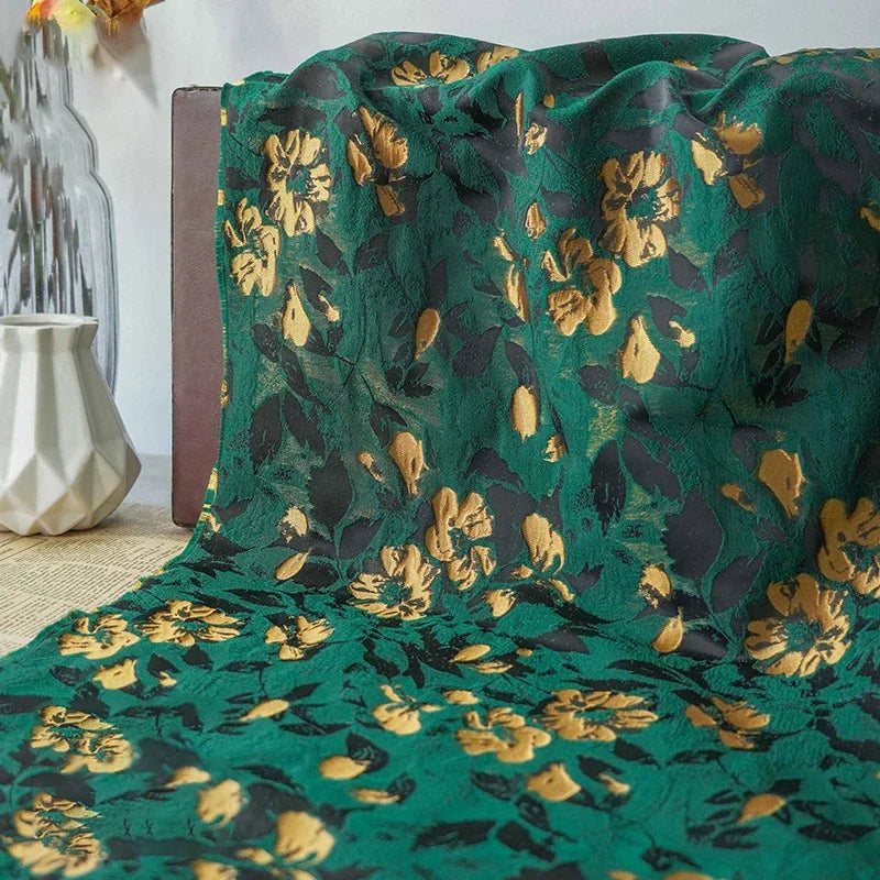 tissu brocart floral vert foncé semi transparent polyester largeur 155cm élégant résistant intempéries Jacquard