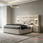 ensemble chambre coucher moderne lit tête rembourrée armoire miroir commode tiroirs tables chevet