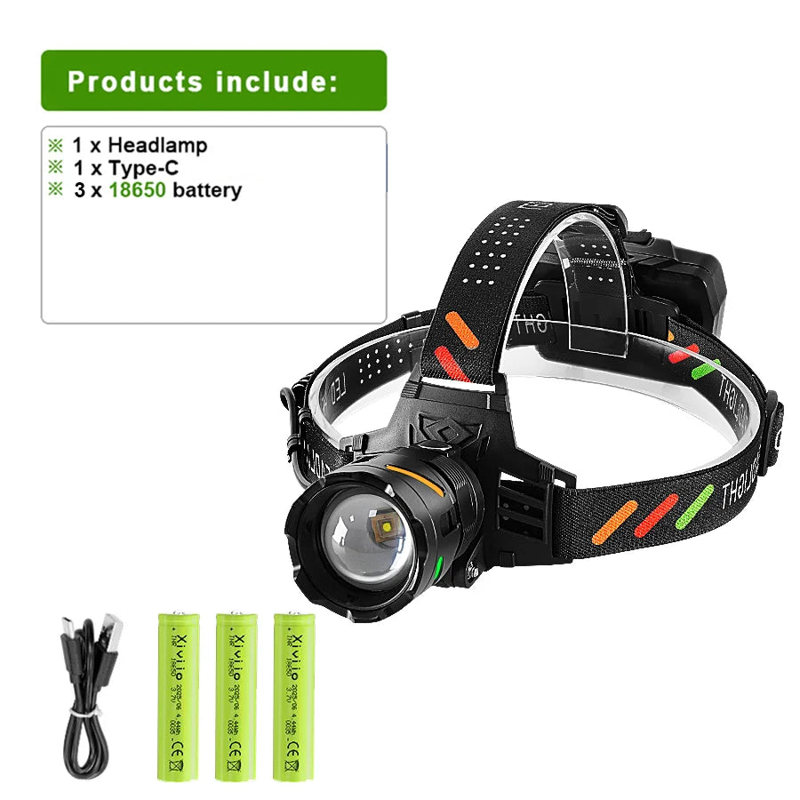 lampe frontale led rechargeable haute puissance 360 degres bandes lumineuses multifonction camouflage camping pêche
