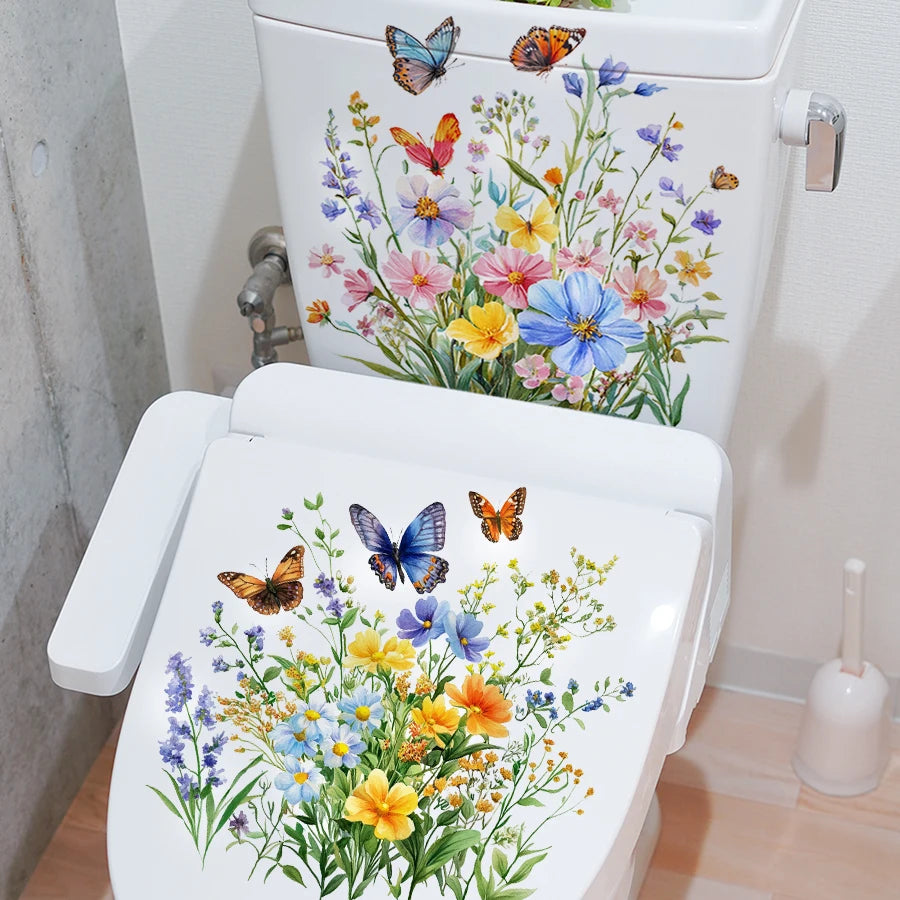 sticker mural fleurs papillons multicolore deco toilette salle bain pvc adhesif classique realiste