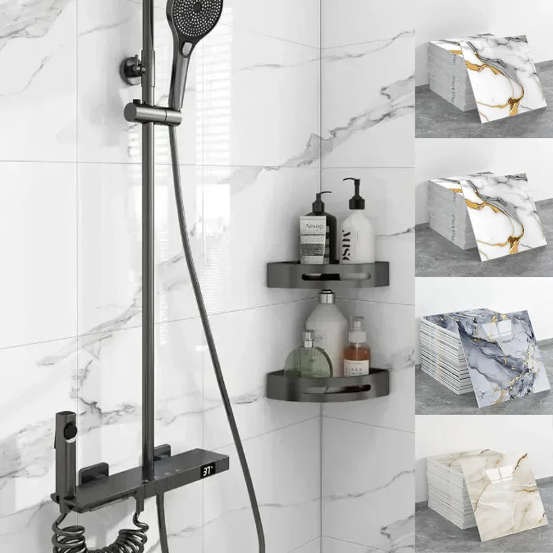 autocollants mural marbre doré moderne étagères distributeur douche serviettes salle bain minimaliste adhésifs pièces