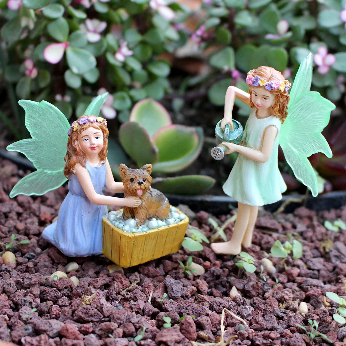 décoration extérieure résine fée chien baignoire fleurs herbe verte miniature jardin fantaisie