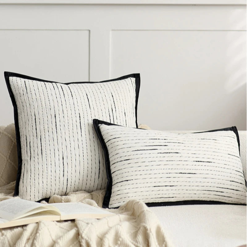 coussins carrés blanc noir rayures moderne housses jacquard polyeste décoration intérieure nordique fixations