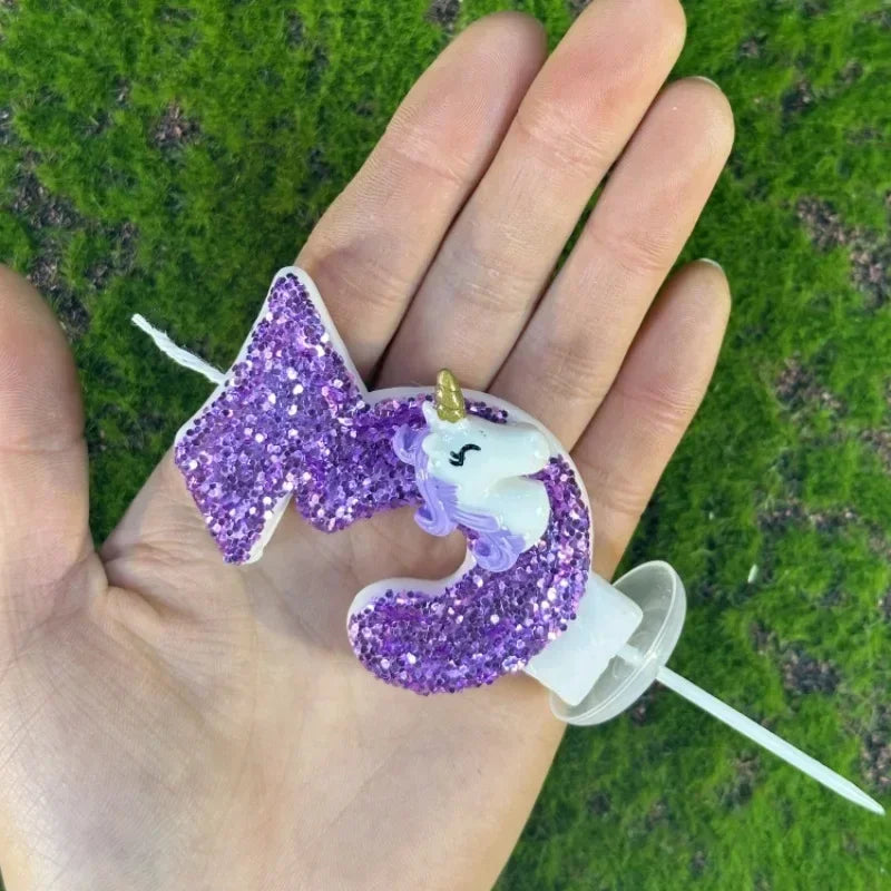 bougies anniversaire forme chiffre licorne pailletées violet blanches décoratives enfants