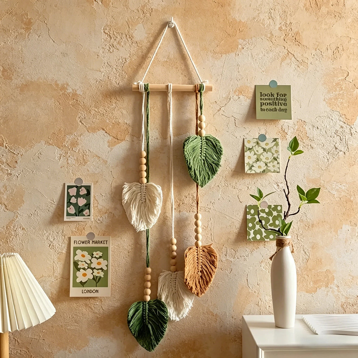 suspension murale feuilles vert bois boho naturelle deco chambre salon