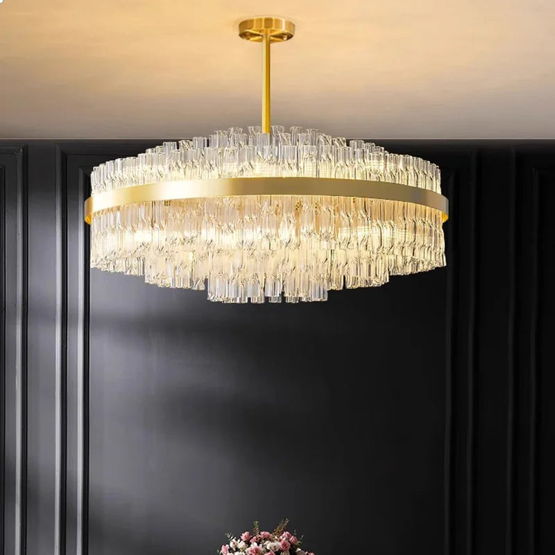 Suspension lumineuse moderne dorée cristal taillé lumière blanche chaude naturelle(touches)