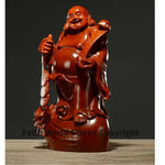 statue bois bouddha riant feng shui traditionnel asiatique base sculptée pièces monnaie bannière