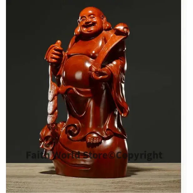 statue bois bouddha riant feng shui traditionnel asiatique base sculptée pièces monnaie bannière