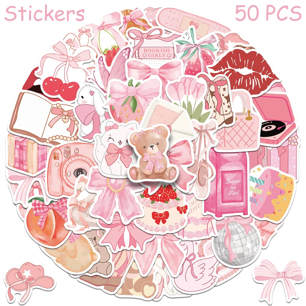 stickers illustration papillon rose blanc ours ballerines coeurs fleurs adhésifs 50pièces cartoon