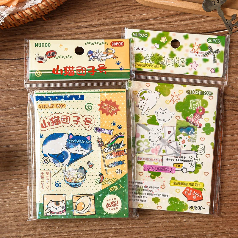 stickers kawaii japonais chats cerisiers ramen papeterie scrapbooking diy mignon vert bleu