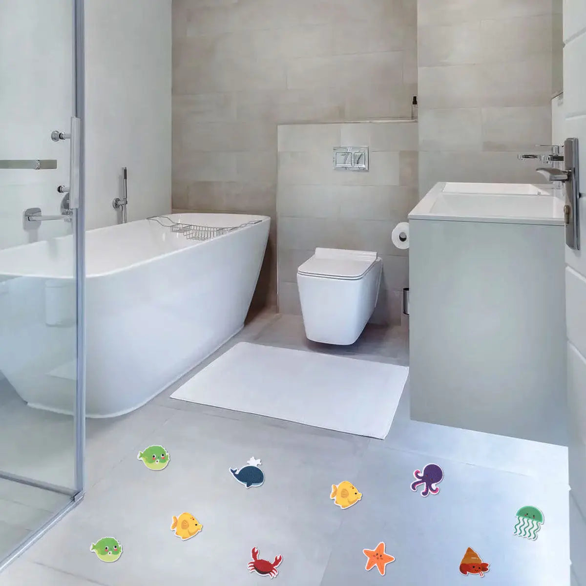 autocollants antidérapants animaux marins poissons crustacés méduse baleine stickers bain salle bain enfants pailletés