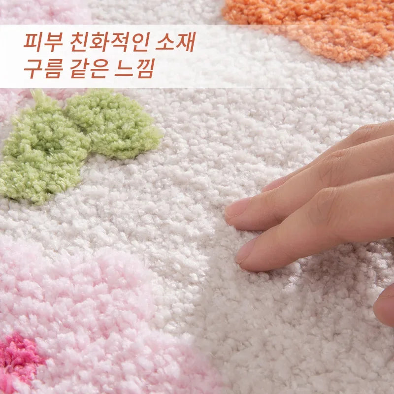 tapis bain fleurs relief beige rose orange vert moderne doux adhésif texturé absorbant antidérapant