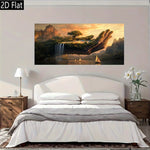 affiche murale paysage fantastique main géante îlot arbres cascades bateau coucher soleil abstraite multicolore