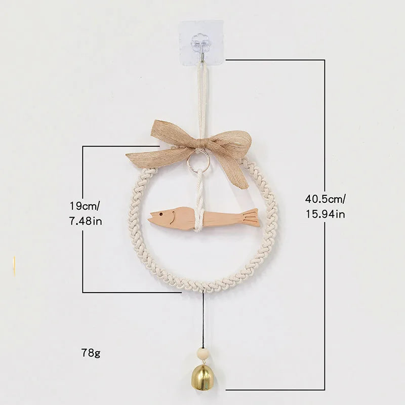 mobile mural corde tressée cloche bois naturel décoratif rustique crochet blanc beige doré