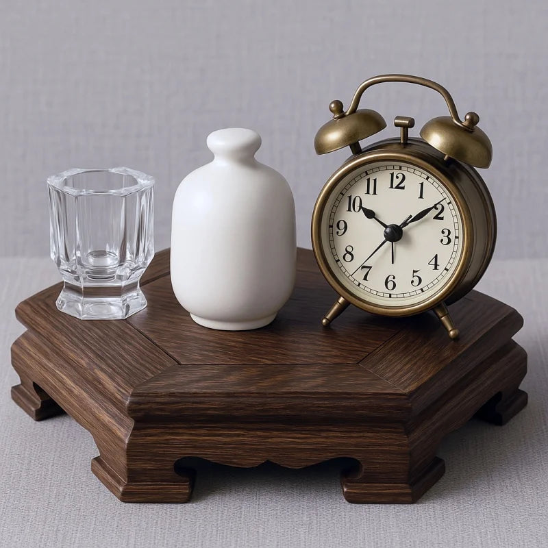 support bois naturel classique objet décoration maison horloge vase plante succulente figurine