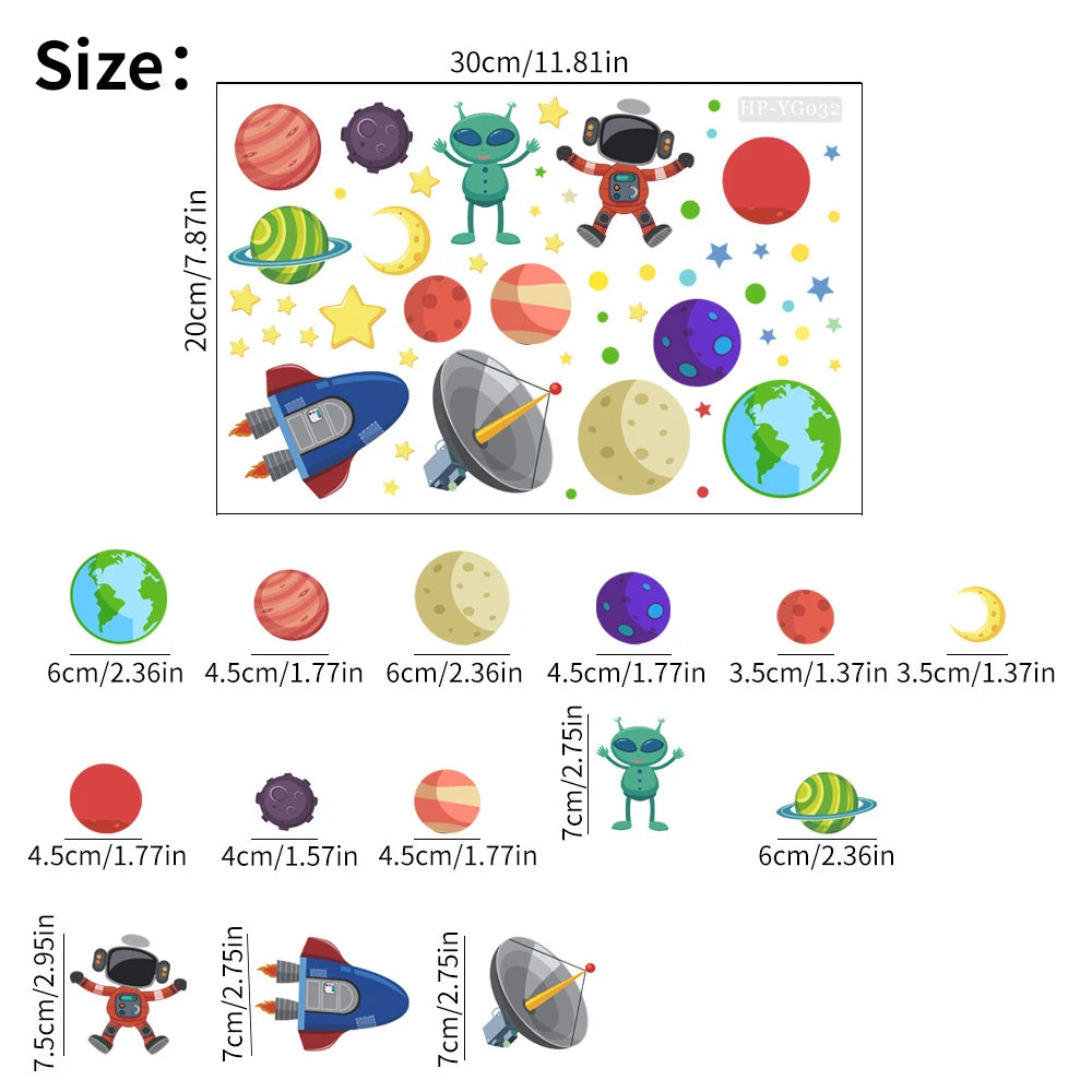 sticker mural lumineux aliens espace dessin animé bébé enfant chambre planètes étoiles vaisseau spatial
