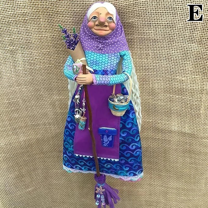 figurine artisanale sorcière cuisine résine broderie dentelle imprimé floral sac fourchettes cuillère bouquet fleurs