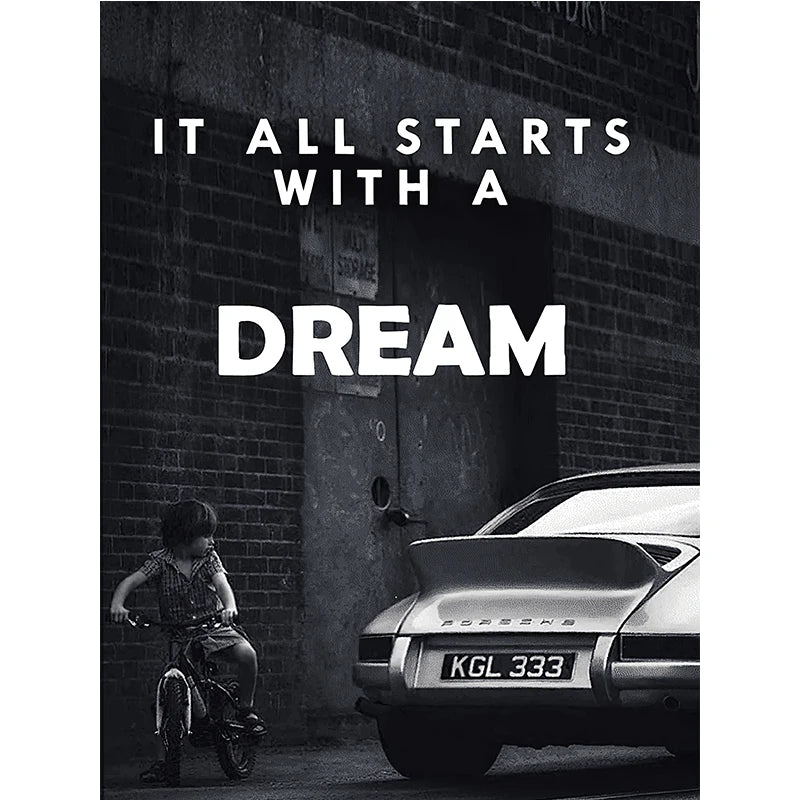 Impression toile enfant tricycle Porsche message rêve moderne horizontal sans cadre