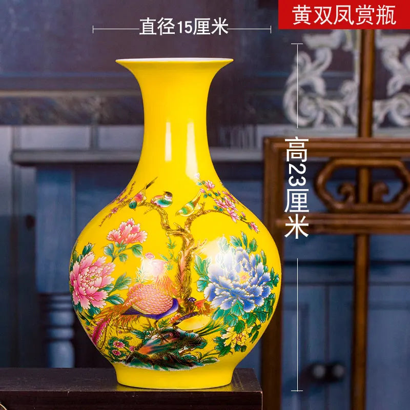 vase porcelaine traditionnel fleurs oiseaux jaune rouge bleu maison
