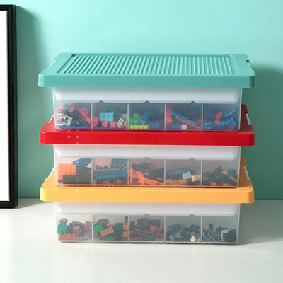 Boîte de rangement transparente pour Lego avec couvercle gris ouvert